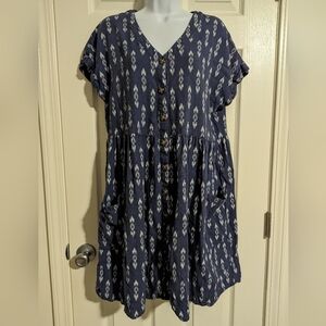 Peyton & Parker Blue Linen Blend Dress Women's Medium Pockets